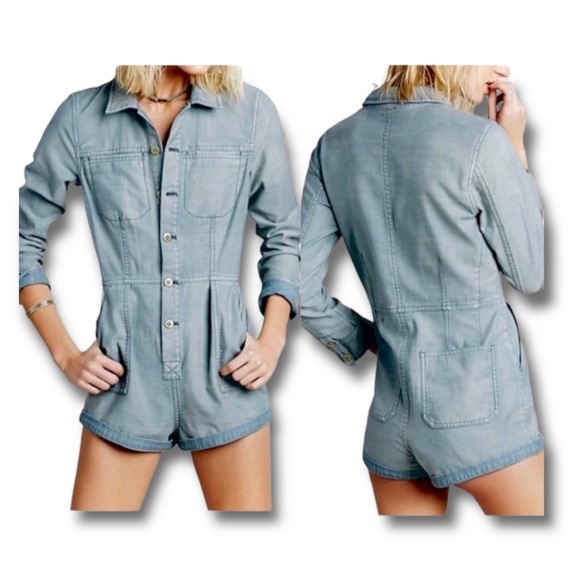 Free People Blue Denim Long Sleeve Utility Sleeve Romper - Picture 3 of 3
